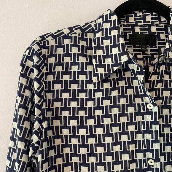 Nili Lotan Navy Blue White Allover Kate Print Button Down Shirt 100 Cotton Small - Picture 4 of 10